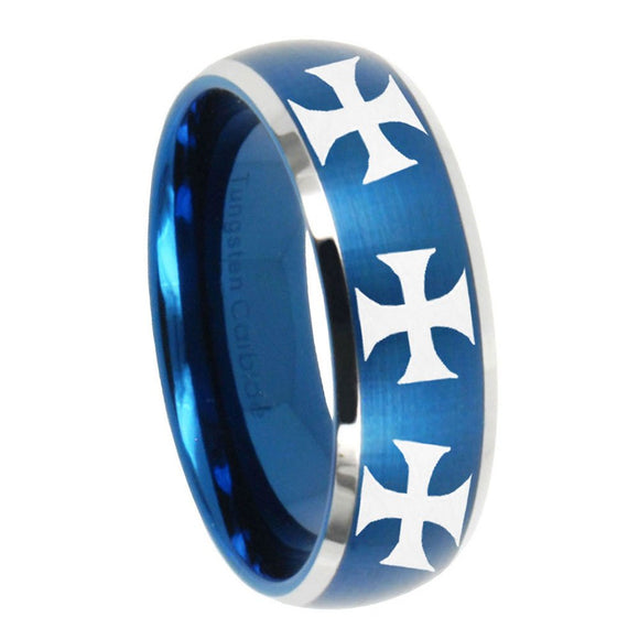 8mm Multiple Maltese Cross Dome Brushed Blue 2 Tone Tungsten Promise Ring