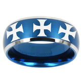 10mm Multiple Maltese Cross Dome Brushed Blue 2 Tone Tungsten Men's Ring