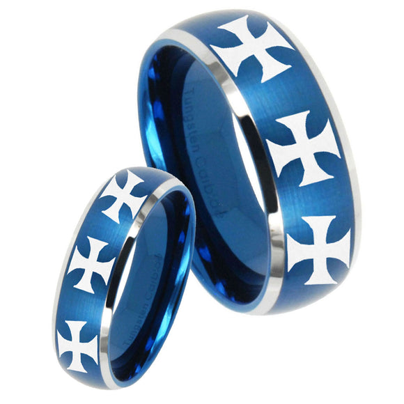 His Hers Multiple Maltese Cross Dome Brushed Blue 2 Tone Tungsten Rings Set