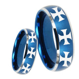 8mm Multiple Maltese Cross Dome Brushed Blue 2 Tone Tungsten Promise Ring