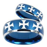 His Hers Multiple Maltese Cross Dome Brushed Blue 2 Tone Tungsten Rings Set