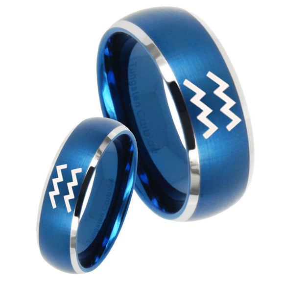 His Hers Aquarius Horoscope Dome Brushed Blue 2 Tone Tungsten Mens Ring Set
