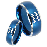 His Hers Aquarius Horoscope Dome Brushed Blue 2 Tone Tungsten Mens Ring Set