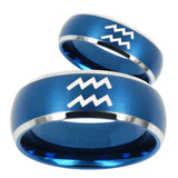 His Hers Aquarius Horoscope Dome Brushed Blue 2 Tone Tungsten Mens Ring Set