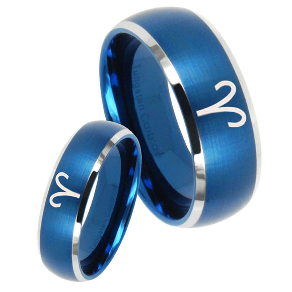 His Hers Aries Zodiac Dome Brushed Blue 2 Tone Tungsten Men's Ring Set