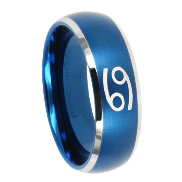 10mm Cancer Horoscope Dome Brushed Blue 2 Tone Tungsten Carbide Rings for Men
