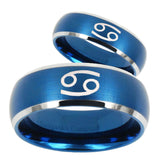 His Hers Cancer Horoscope Dome Brushed Blue 2 Tone Tungsten Mens Ring Set