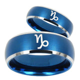 His Hers Capricorn Zodiac Dome Brushed Blue 2 Tone Tungsten Men Rings Set