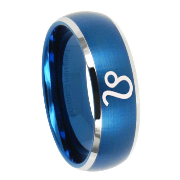 8mm Leo Zodiac Dome Brushed Blue 2 Tone Tungsten Carbide Mens Promise Ring