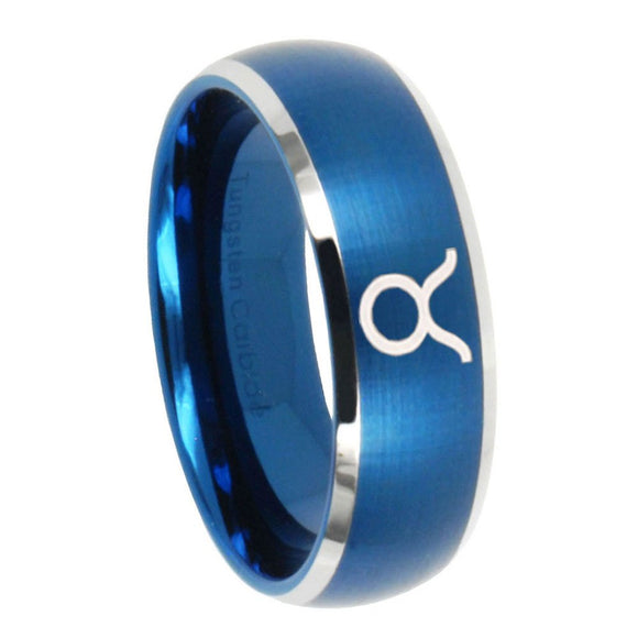 8mm Taurus Horoscope Dome Brushed Blue 2 Tone Tungsten Mens Ring Personalized