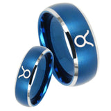 His Hers Taurus Horoscope Dome Brushed Blue 2 Tone Tungsten Mens Wedding Ring Set