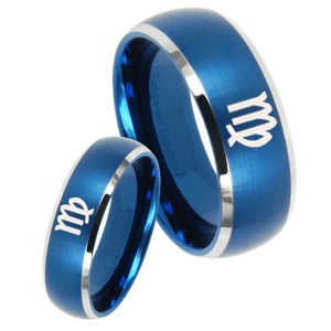 His Hers Virgo Zodiac Dome Brushed Blue 2 Tone Tungsten Men's Wedding Ring Set