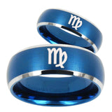 His Hers Virgo Zodiac Dome Brushed Blue 2 Tone Tungsten Men's Wedding Ring Set