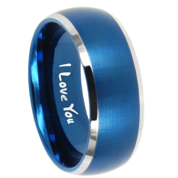 10mm I Love You Dome Brushed Blue 2 Tone Tungsten Carbide Wedding Band Ring