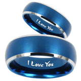 His Hers I Love You Dome Brushed Blue 2 Tone Tungsten Wedding Bands Ring Set