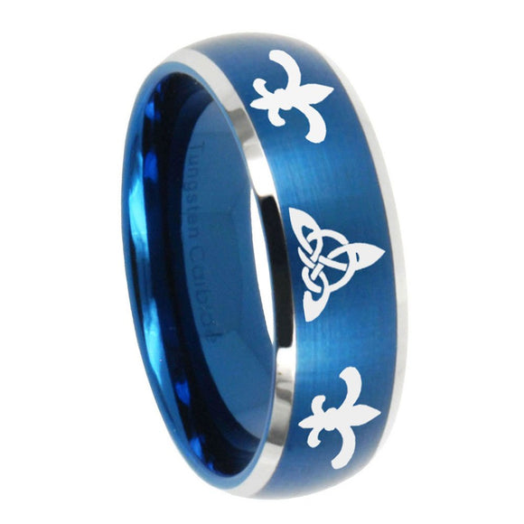 8mm Celtic Triangle Fleur De Lis Dome Brushed Blue 2 Tone Tungsten Mens Ring