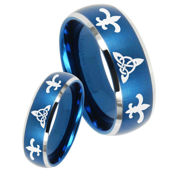 His Hers Celtic Triangle Fleur De Lis Dome Brushed Blue 2 Tone Tungsten Wedding Ring Set
