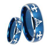 8mm Celtic Triangle Fleur De Lis Dome Brushed Blue 2 Tone Tungsten Mens Ring