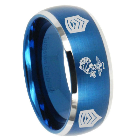 8mm Marine Army Sergeant Dome Brushed Blue 2 Tone Tungsten Carbide Men's Promise Rings