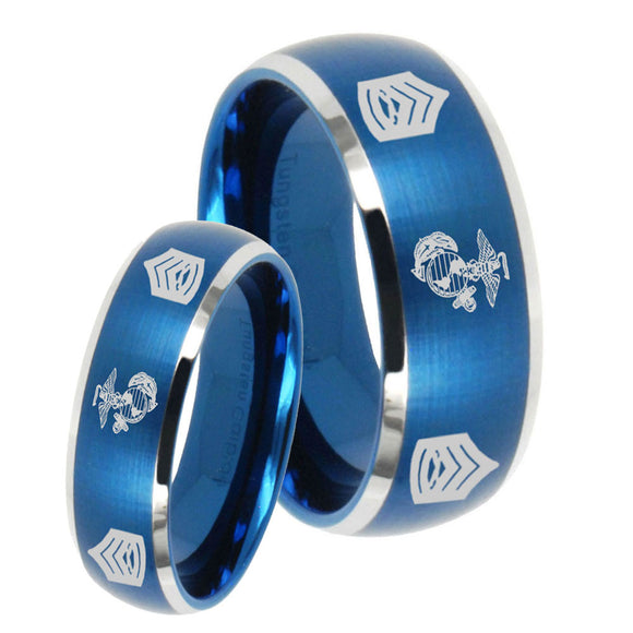 His Hers Marine Army Sergeant Dome Brushed Blue 2 Tone Tungsten Mens Ring Engraved Set