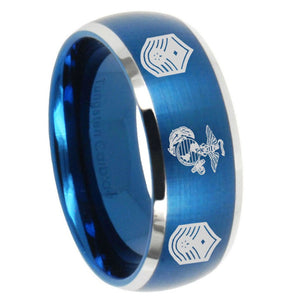 8mm Marine Chief Master Sergeant  Dome Brushed Blue 2 Tone Tungsten Carbide Mens Ring