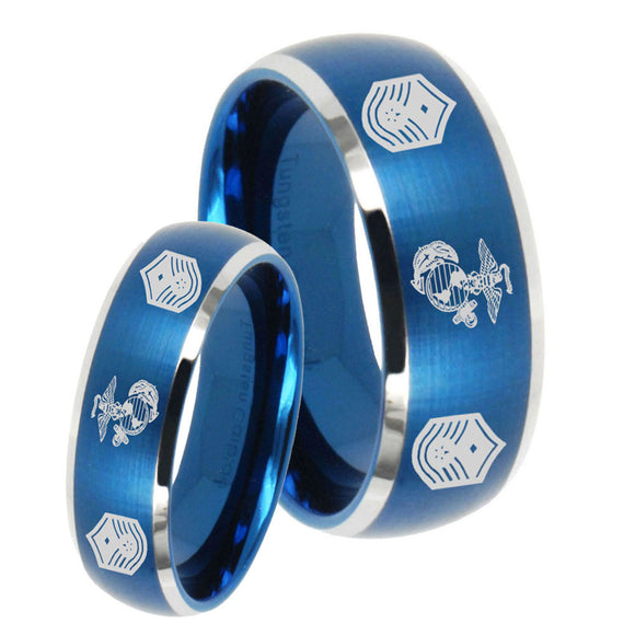 His Hers Marine Chief Master Sergeant  Dome Brushed Blue 2 Tone Tungsten Mens Ring Set
