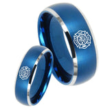 His Hers Fire Department Dome Brushed Blue 2 Tone Tungsten Anniversary Ring Set