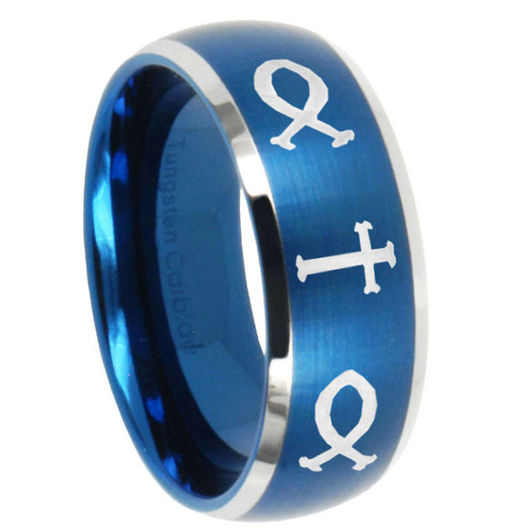 10mm Fish & Cross Dome Brushed Blue 2 Tone Tungsten Carbide Men's Ring