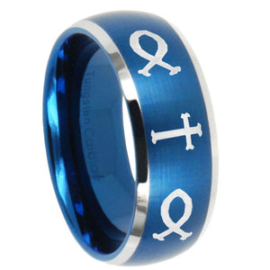 8mm Fish & Cross Dome Brushed Blue 2 Tone Tungsten Carbide Anniversary Ring
