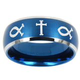 10mm Fish & Cross Dome Brushed Blue 2 Tone Tungsten Carbide Men's Ring
