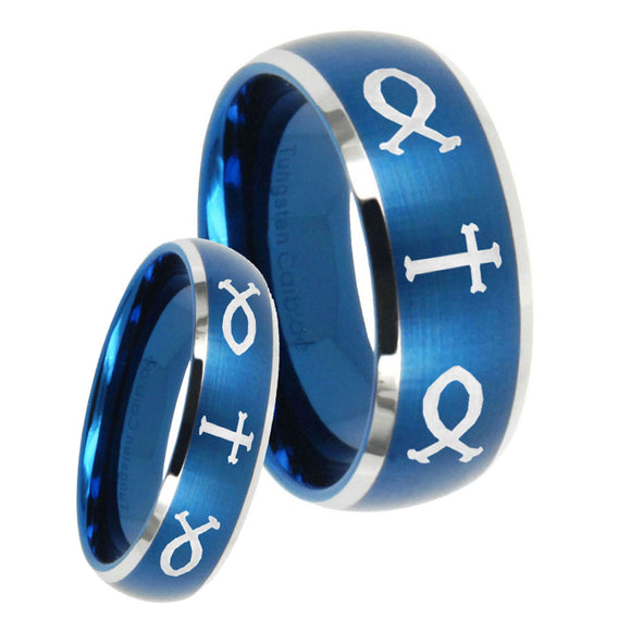 His Hers Fish & Cross Dome Brushed Blue 2 Tone Tungsten Custom Ring for Men Set
