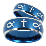 His Hers Fish & Cross Dome Brushed Blue 2 Tone Tungsten Custom Ring for Men Set