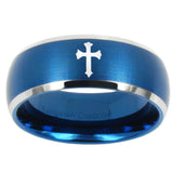 10mm Flat Christian Cross Dome Brushed Blue 2 Tone Tungsten Carbide Mens Ring