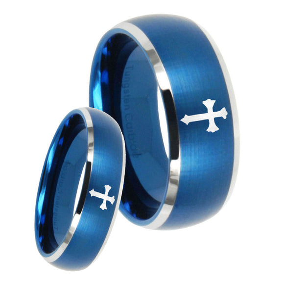 His Hers Flat Christian Cross Dome Brushed Blue 2 Tone Tungsten Engagement Ring Set