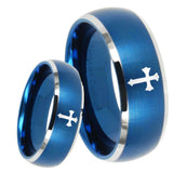 8mm Flat Christian Cross Dome Brushed Blue 2 Tone Tungsten Carbide Bands Ring
