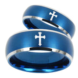His Hers Flat Christian Cross Dome Brushed Blue 2 Tone Tungsten Engagement Ring Set