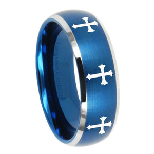 8mm Multiple Christian Cross Dome Brushed Blue 2 Tone Tungsten Rings for Men