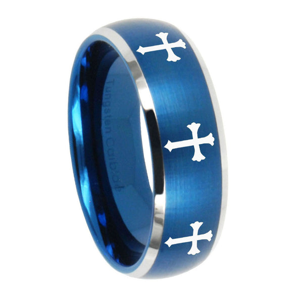 10mm Multiple Christian Cross Dome Brushed Blue 2 Tone Tungsten Anniversary Ring