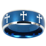 10mm Multiple Christian Cross Dome Brushed Blue 2 Tone Tungsten Anniversary Ring
