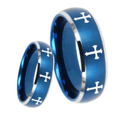 8mm Multiple Christian Cross Dome Brushed Blue 2 Tone Tungsten Rings for Men