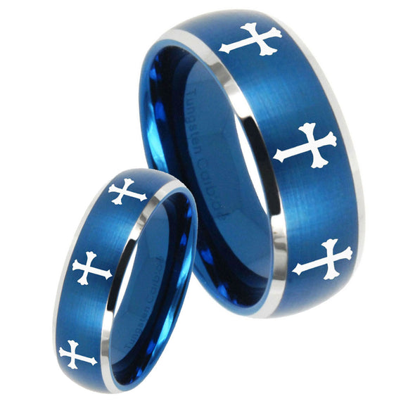 His Hers Multiple Christian Cross Dome Brushed Blue 2 Tone Tungsten Bands Ring Set