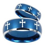 His Hers Multiple Christian Cross Dome Brushed Blue 2 Tone Tungsten Bands Ring Set