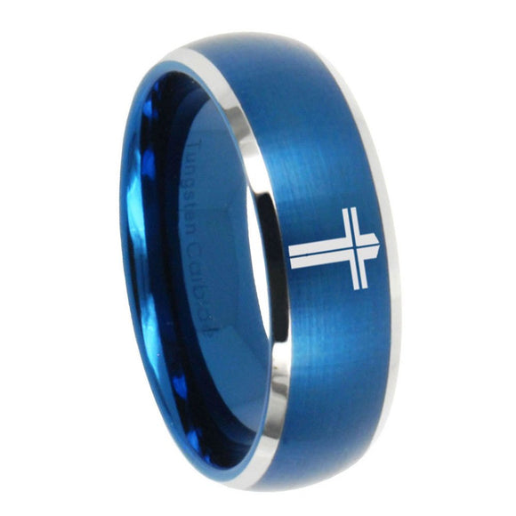 8mm Flat Christian Cross Dome Brushed Blue 2 Tone Tungsten Anniversary Ring