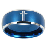 10mm Flat Christian Cross Dome Brushed Blue 2 Tone Tungsten Engraved Ring