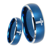 8mm Flat Christian Cross Dome Brushed Blue 2 Tone Tungsten Anniversary Ring