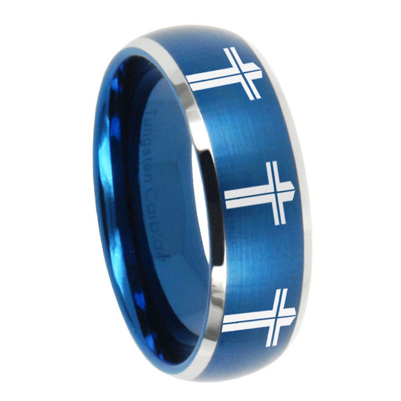 8mm Multiple Christian Cross Dome Brushed Blue 2 Tone Tungsten Anniversary Ring