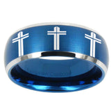10mm Multiple Christian Cross Dome Brushed Blue 2 Tone Tungsten Bands Ring