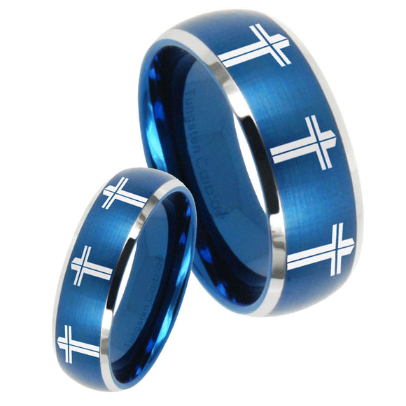 His Hers Multiple Christian Cross Dome Brushed Blue 2 Tone Tungsten Custom Ring Set