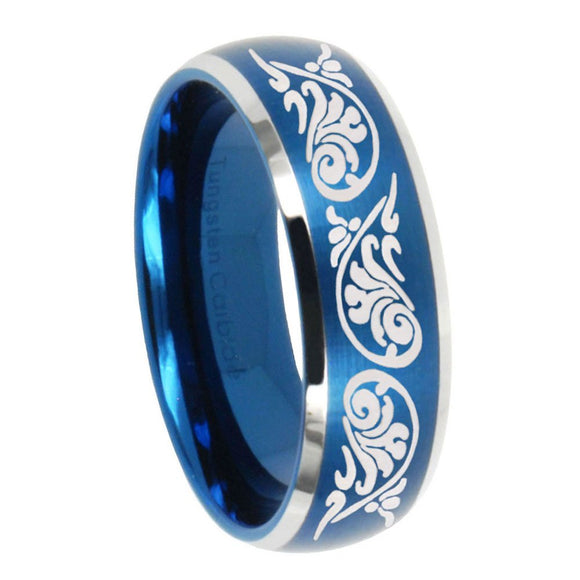 8mm Etched Tribal Pattern Dome Brushed Blue 2 Tone Tungsten Carbide Bands Ring