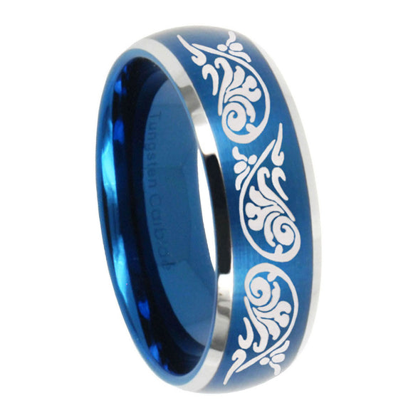 10mm Etched Tribal Pattern Dome Brushed Blue 2 Tone Tungsten Custom Mens Ring